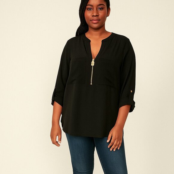 Michael Kors Black Front Half Zip Blouse - Picture 1 of 8
